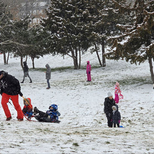 Copiii din Constanța se bucură de prima zăpadă în Parcul Tabăcărie