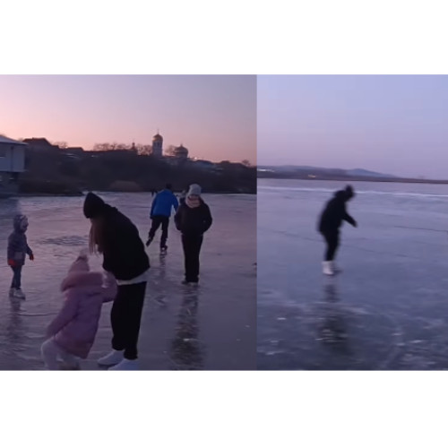 VIDEO Continuă tradiția la Sarichioi: Lacul Razelm a devenit un imens patinoar natural