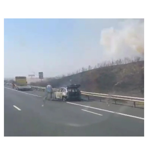 VIDEO Arde un autoturism pe Autostrada A2, în zona Medgidia. Focul s-a extins la vegetația uscată