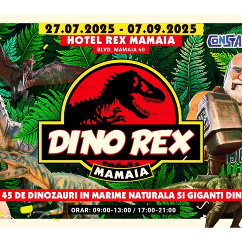 OMD Mamaia-Constanța anunță lansarea expoziției intitulate Dino Rex Mamaia, o experiență preistorică interactivă, în fața emblematicului Hotel Rex