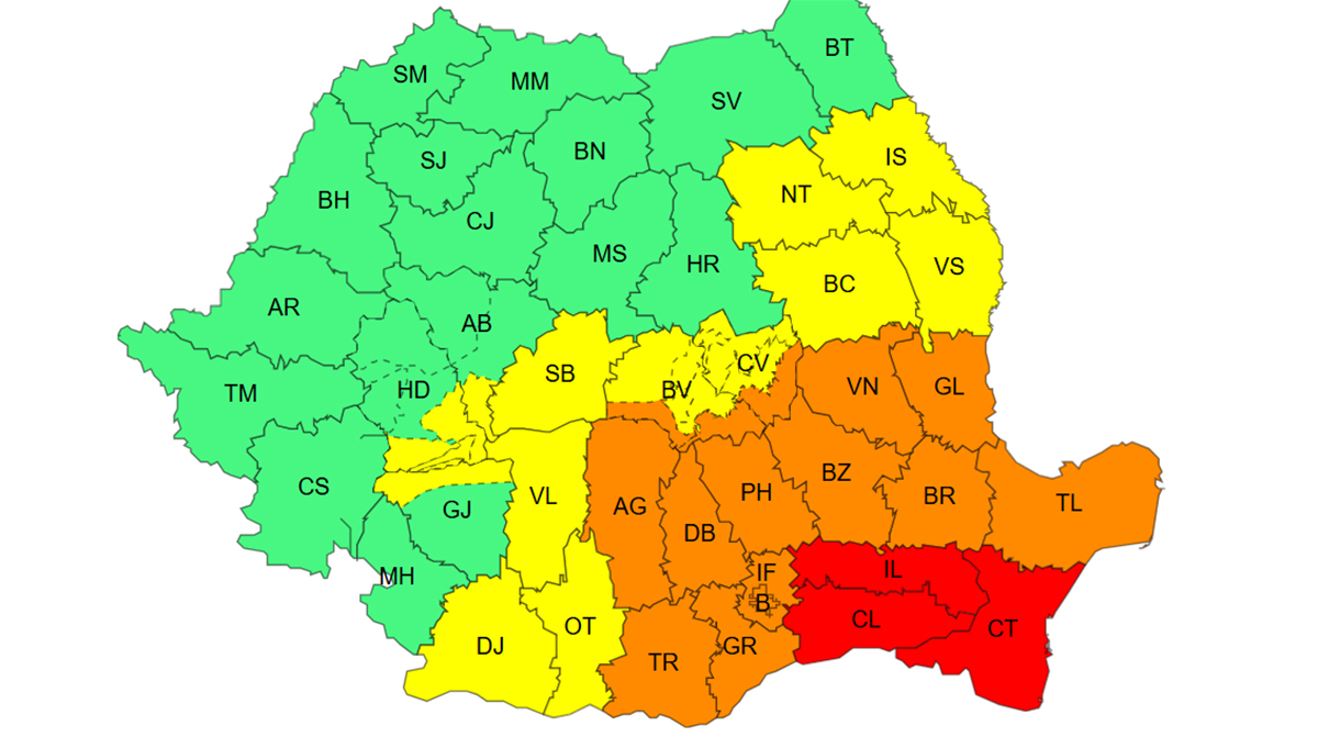 ANM a emis coduri de avertizare pentru ploi abundente în mai multe regiuni ale țării
